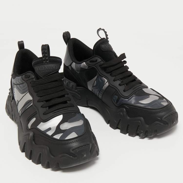 Pre Owned Valentino Black/Grey Camo Print Canvas and Leather Rockrunner Plus Sneakers Size 39