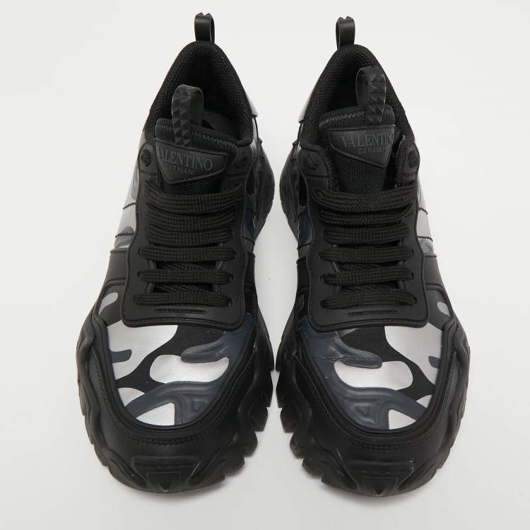 Pre Owned Valentino Black/Grey Camo Print Canvas and Leather Rockrunner Plus Sneakers Size 39
