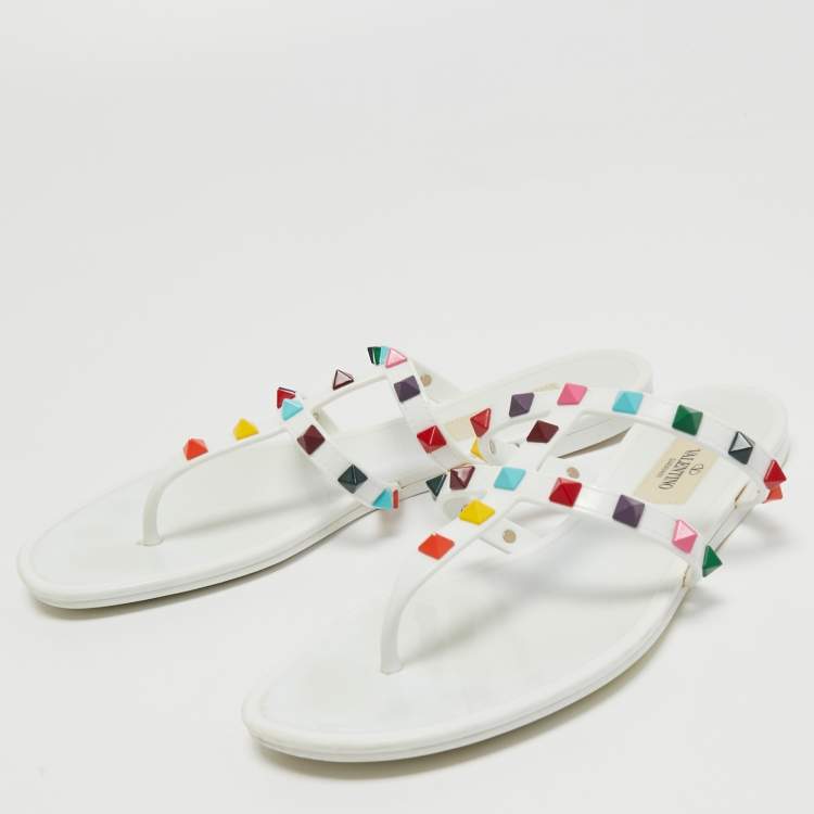 Pre Owned Valentino White Jelly Rockstud Slide Flats Size 38