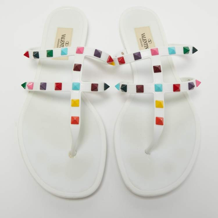 Pre Owned Valentino White Jelly Rockstud Slide Flats Size 38