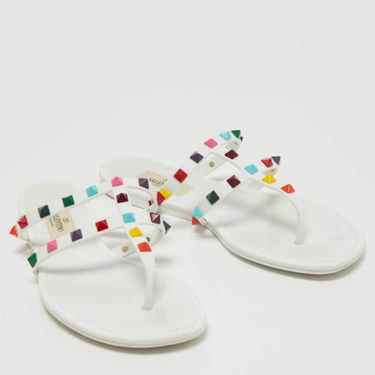 Pre Owned Valentino White Jelly Rockstud Slide Flats Size 38