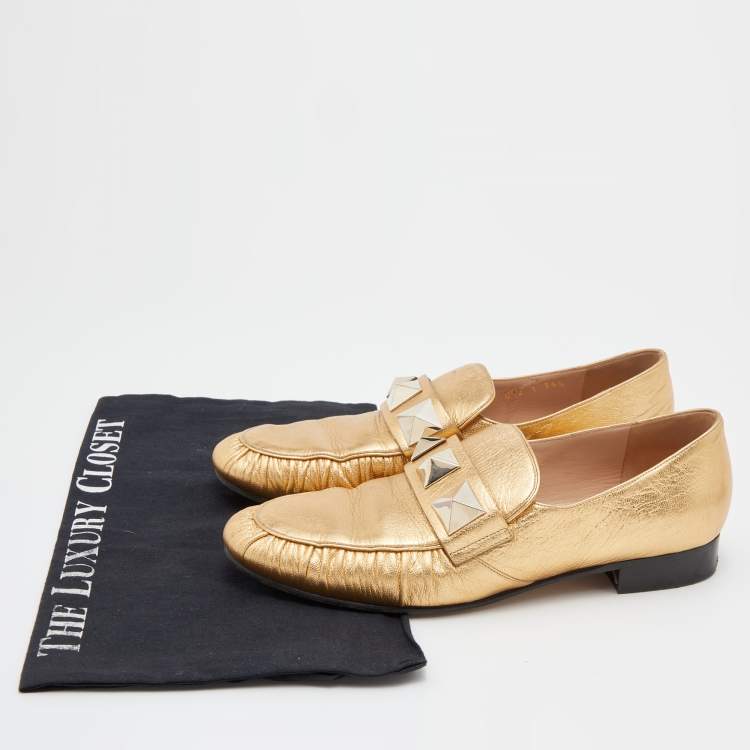 Pre Owned Valentino Metallic Gold Leather Rockstud Slip On Loafers Size 36.5