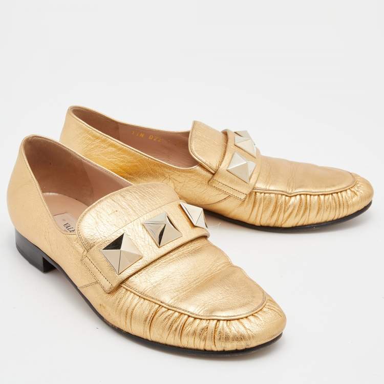 Pre Owned Valentino Metallic Gold Leather Rockstud Slip On Loafers Size 36.5
