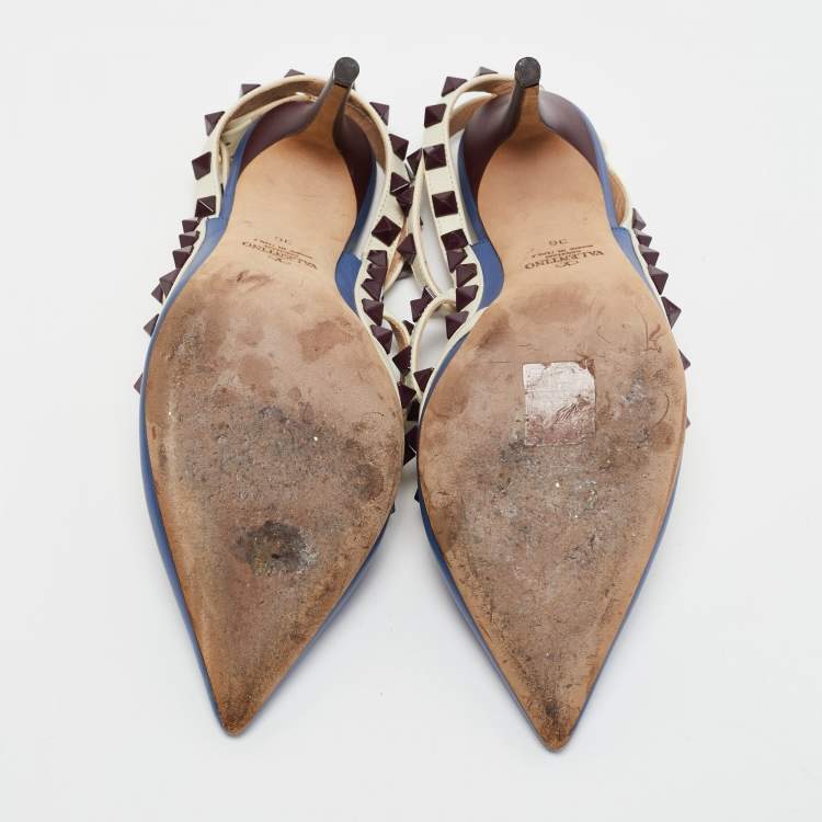 Pre Owned Valentino Blue/White Leather Rockstud Ankle Strap Pumps Size 36