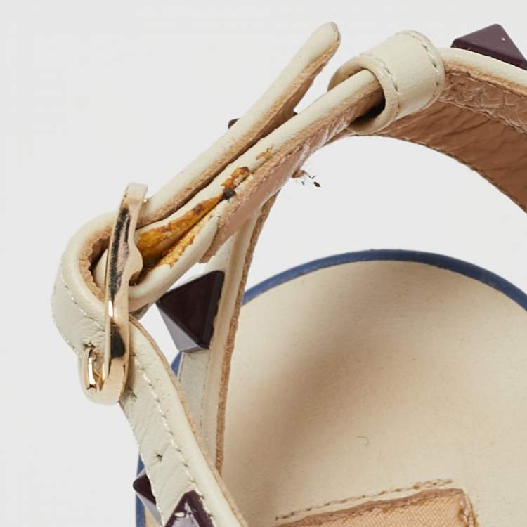 Pre Owned Valentino Blue/White Leather Rockstud Ankle Strap Pumps Size 36