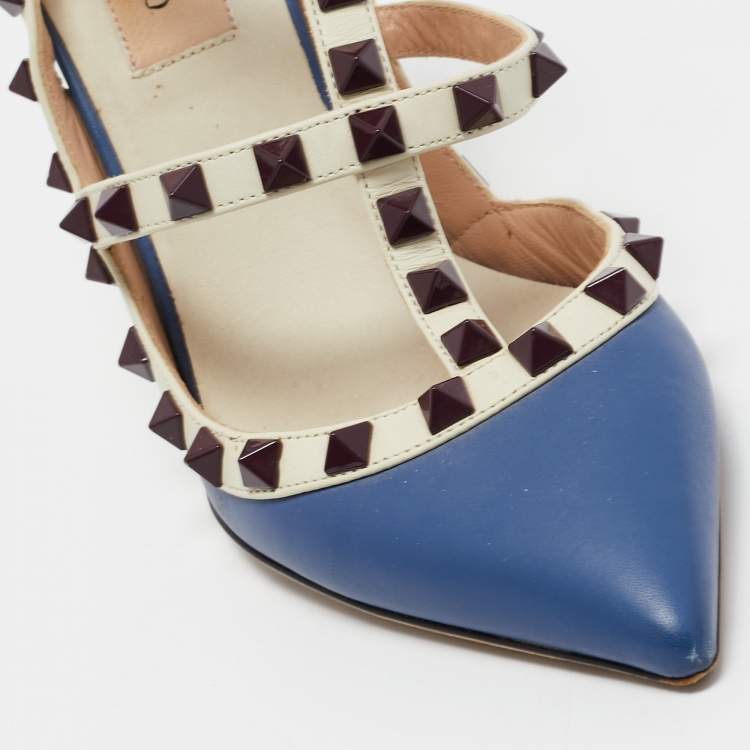 Pre Owned Valentino Blue/White Leather Rockstud Ankle Strap Pumps Size 36