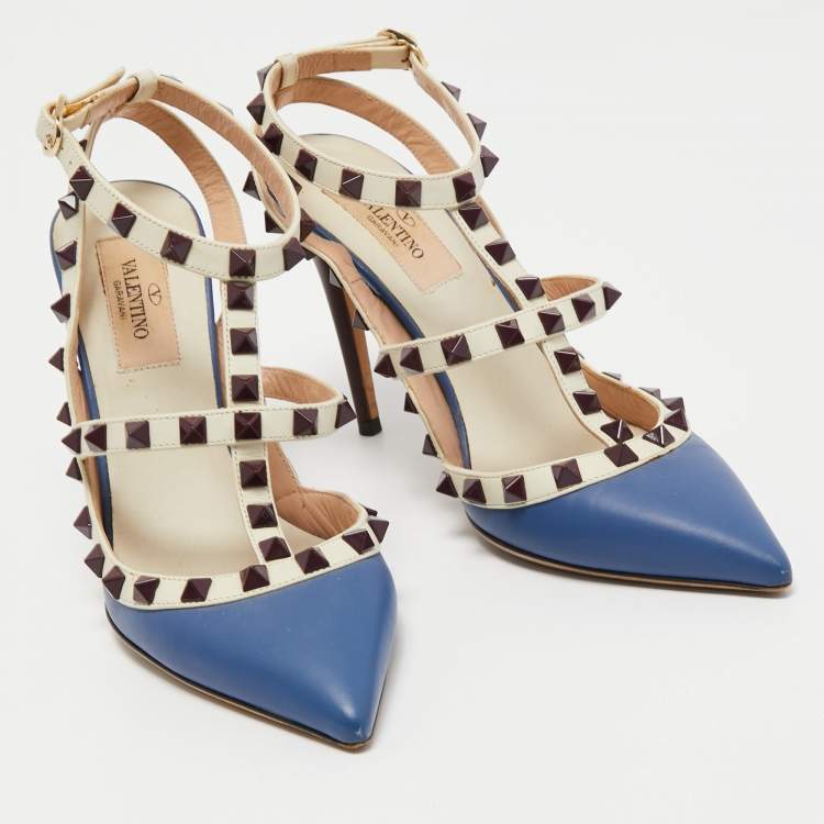 Pre Owned Valentino Blue/White Leather Rockstud Ankle Strap Pumps Size 36