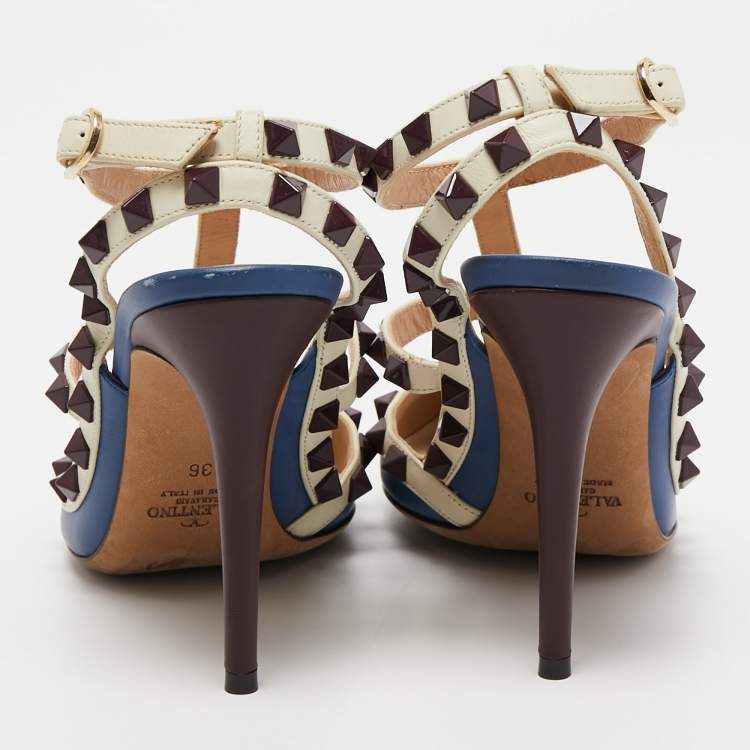 Pre Owned Valentino Blue/White Leather Rockstud Ankle Strap Pumps Size 36