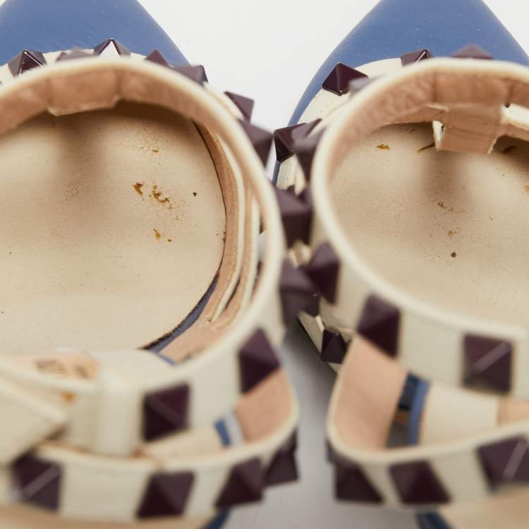 Pre Owned Valentino Blue/White Leather Rockstud Ankle Strap Pumps Size 36