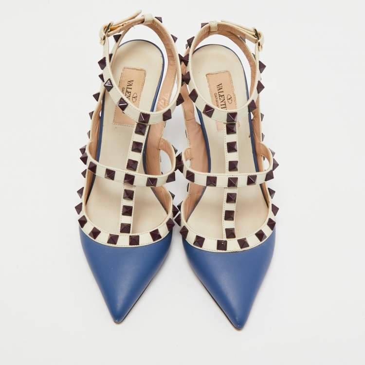 Pre Owned Valentino Blue/White Leather Rockstud Ankle Strap Pumps Size 36