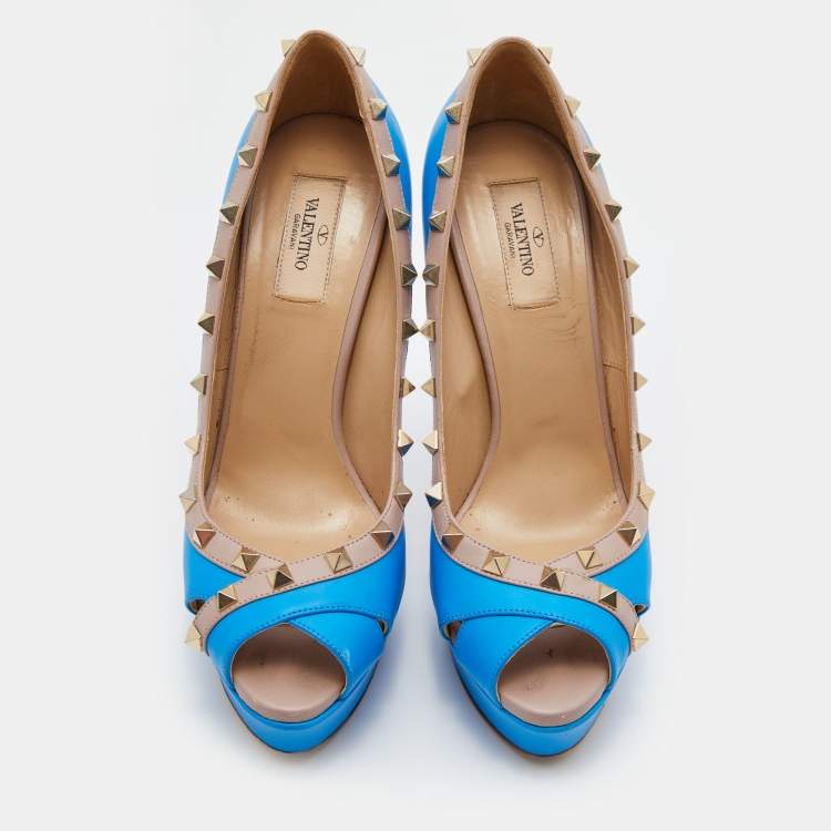 Pre Owned Valentino Blue/Beige Leather Rockstud Peep Toe Platform Pumps Size 40