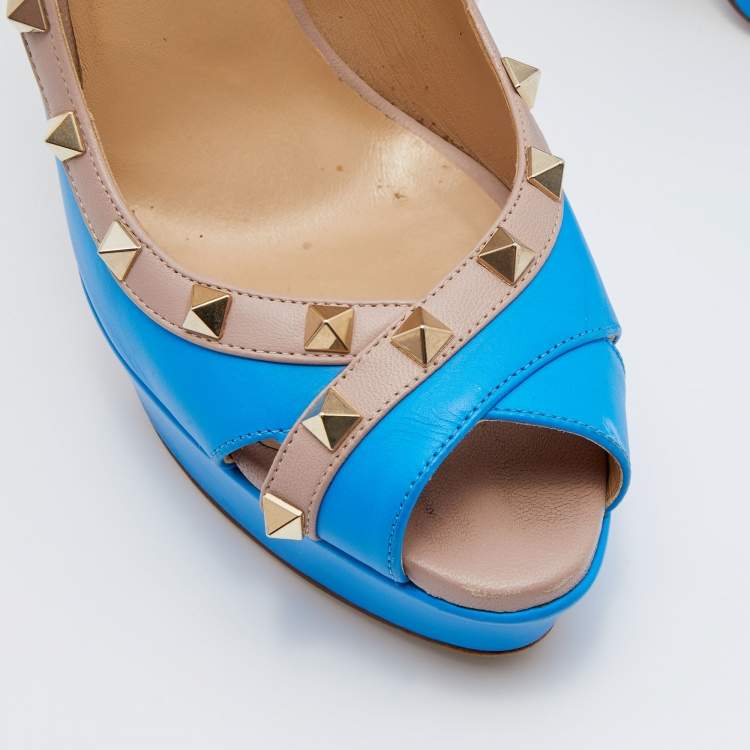 Pre Owned Valentino Blue/Beige Leather Rockstud Peep Toe Platform Pumps Size 40
