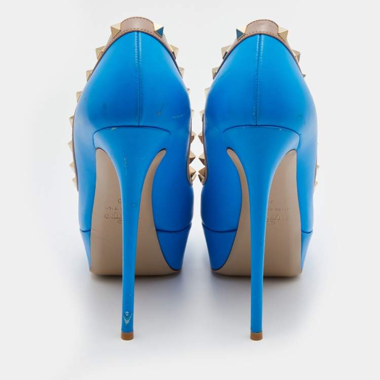 Pre Owned Valentino Blue/Beige Leather Rockstud Peep Toe Platform Pumps Size 40