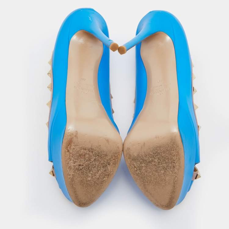 Pre Owned Valentino Blue/Beige Leather Rockstud Peep Toe Platform Pumps Size 40