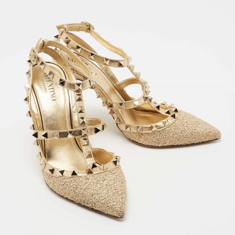 Pre Owned Valentino Gold Leather and Fabric Rockstud  Ankle Strap Pumps Size 37.5