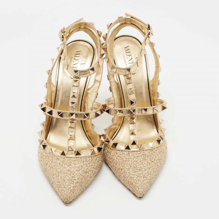 Pre Owned Valentino Gold Leather and Fabric Rockstud  Ankle Strap Pumps Size 37.5