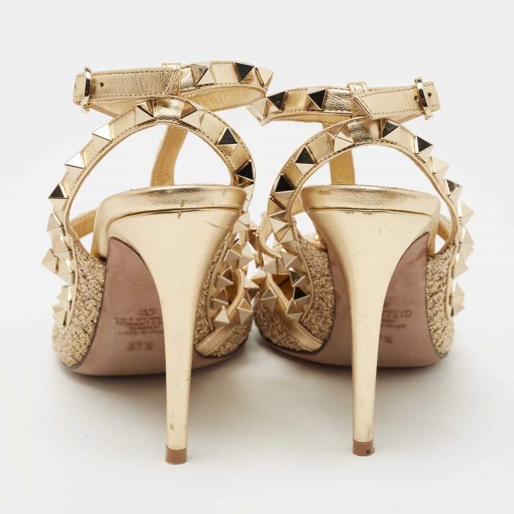 Pre Owned Valentino Gold Leather and Fabric Rockstud  Ankle Strap Pumps Size 37.5