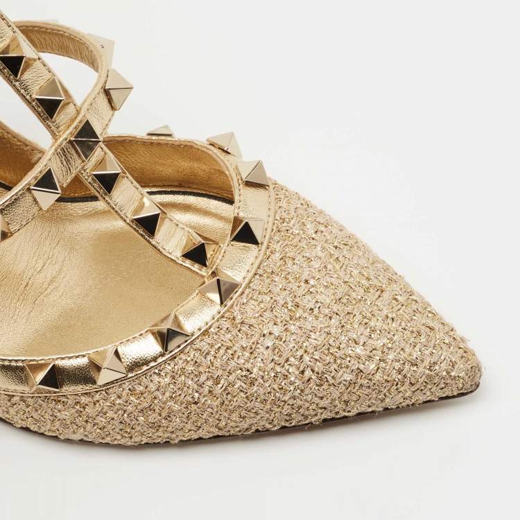 Pre Owned Valentino Gold Leather and Fabric Rockstud  Ankle Strap Pumps Size 37.5