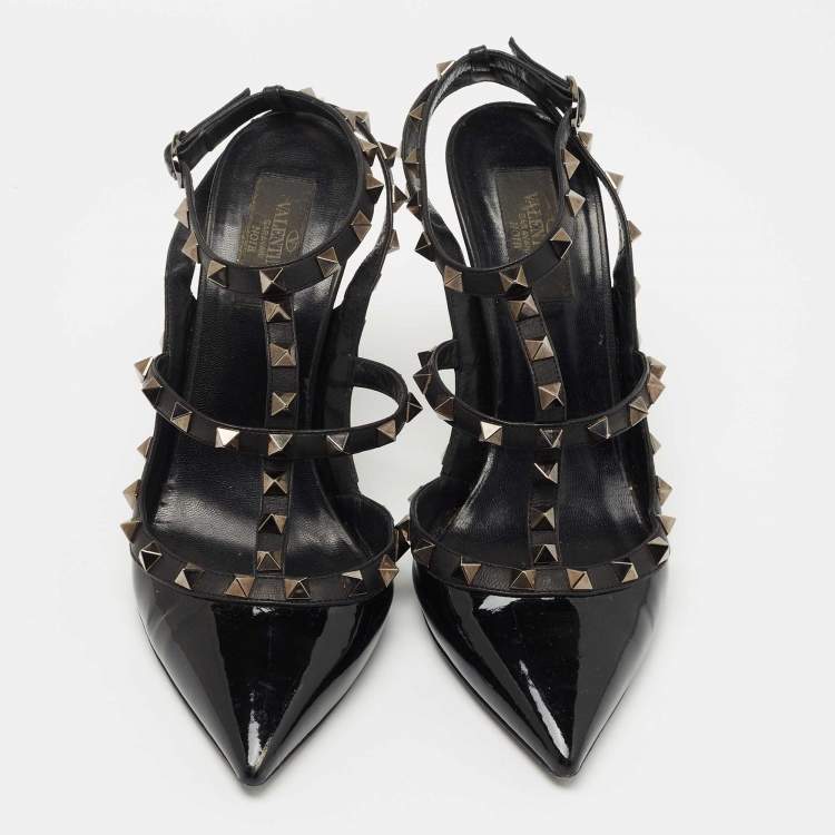 Pre Owned Valentino Black Patent and Leather Rockstud Caged Pumps Size 39