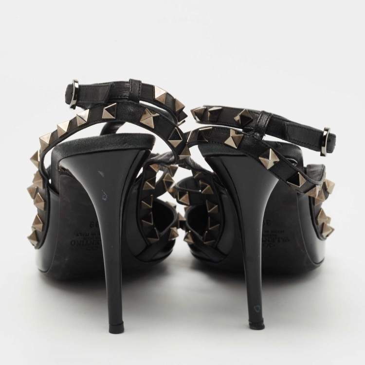 Pre Owned Valentino Black Patent and Leather Rockstud Caged Pumps Size 39