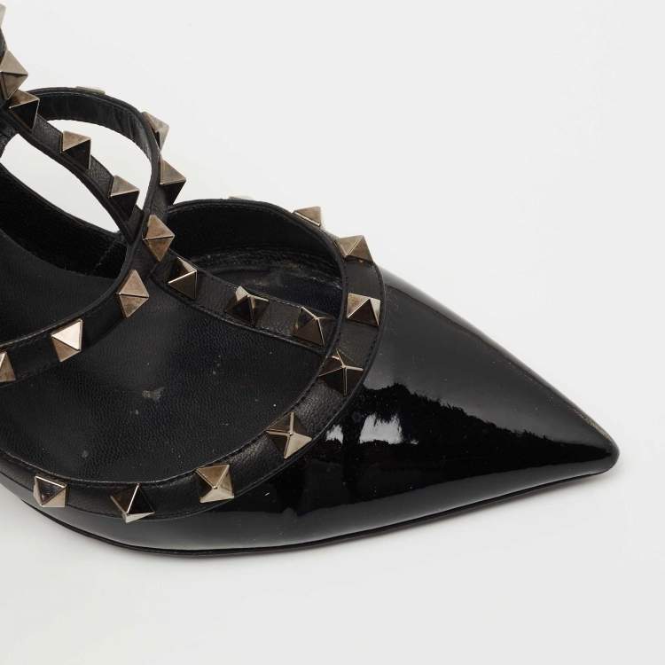 Pre Owned Valentino Black Patent and Leather Rockstud Caged Pumps Size 39