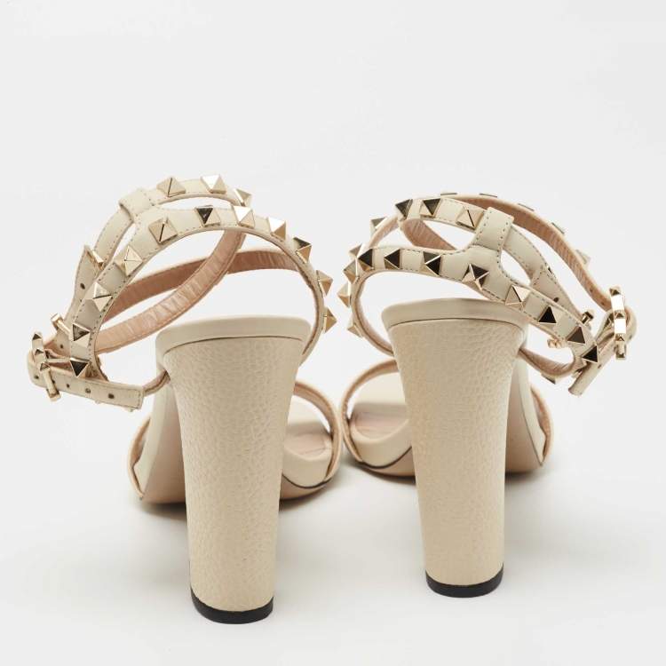Pre Owned Valentino Cream Leather Rockstud Ankle Strap Sandals Size 40