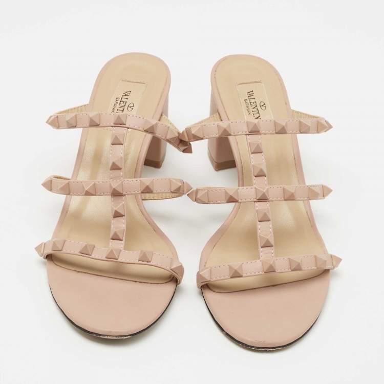 Pre Owned Valentino Dusty Pink Leather Rockstud Slide Sandals Size 38