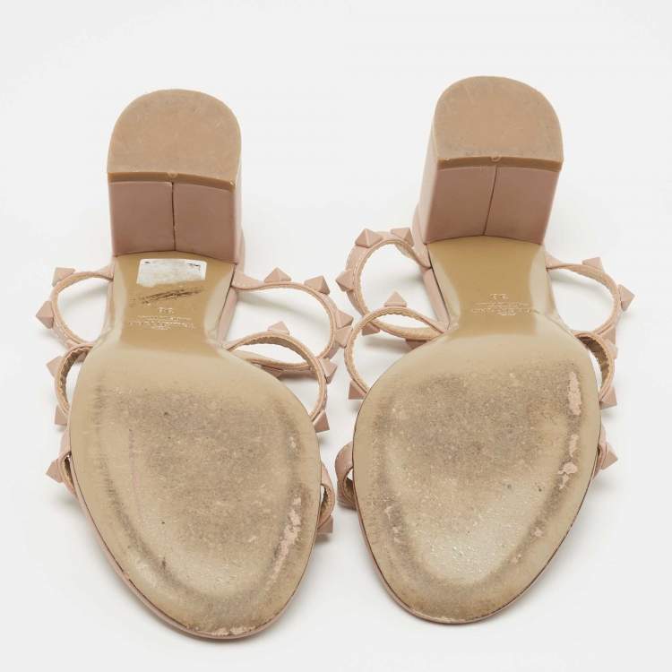 Pre Owned Valentino Dusty Pink Leather Rockstud Slide Sandals Size 38
