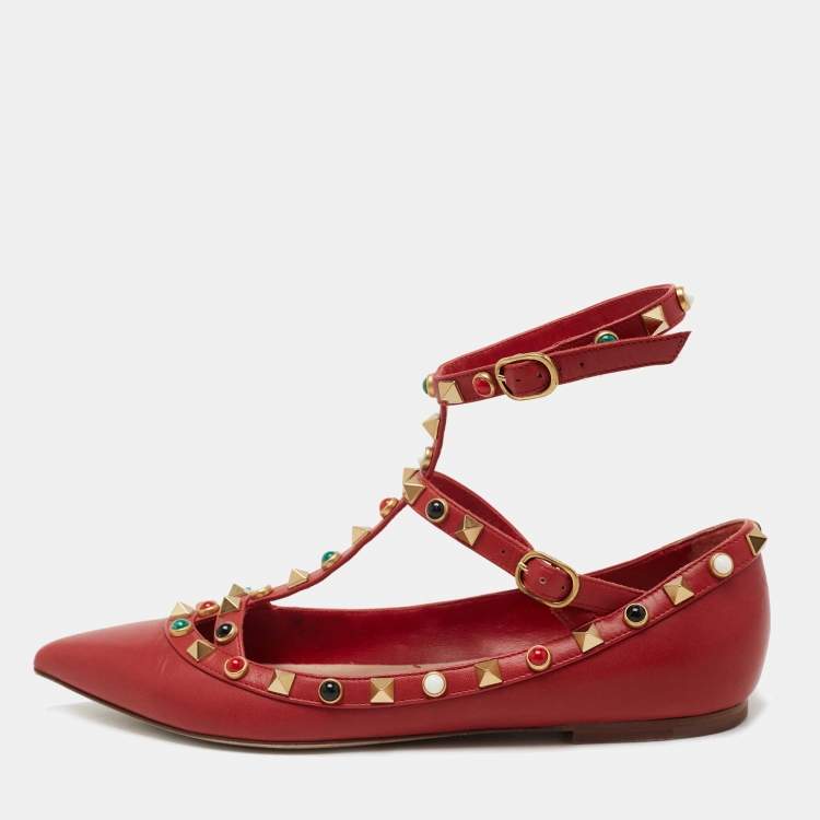 Pre Owned Valentino Red Leather Rolling Rockstud Ankle Strap Ballet Flats Size 36