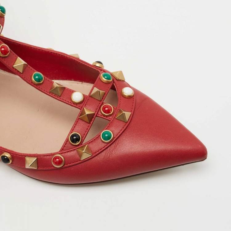 Pre Owned Valentino Red Leather Rolling Rockstud Ankle Strap Ballet Flats Size 36