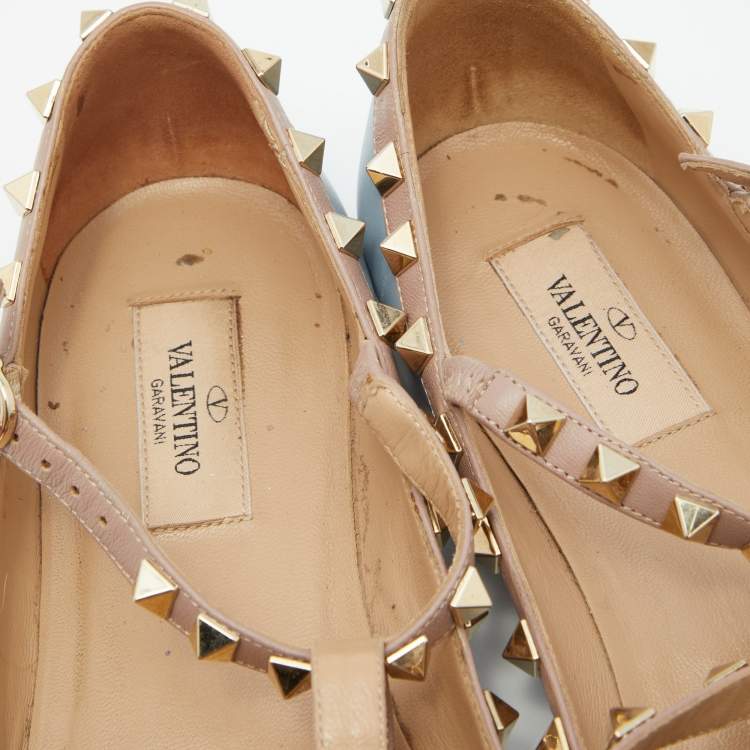 Pre Owned Valentino Blue/Beige Leather Rockstud Caged Ankle Strap Ballet Flats Size 37.5