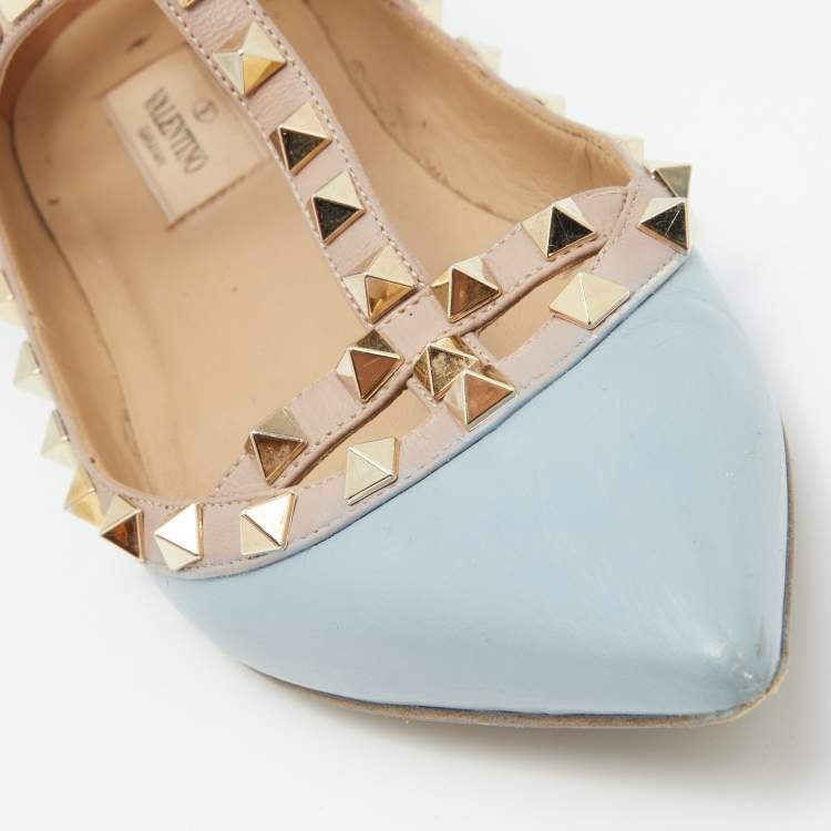 Pre Owned Valentino Blue/Beige Leather Rockstud Caged Ankle Strap Ballet Flats Size 37.5