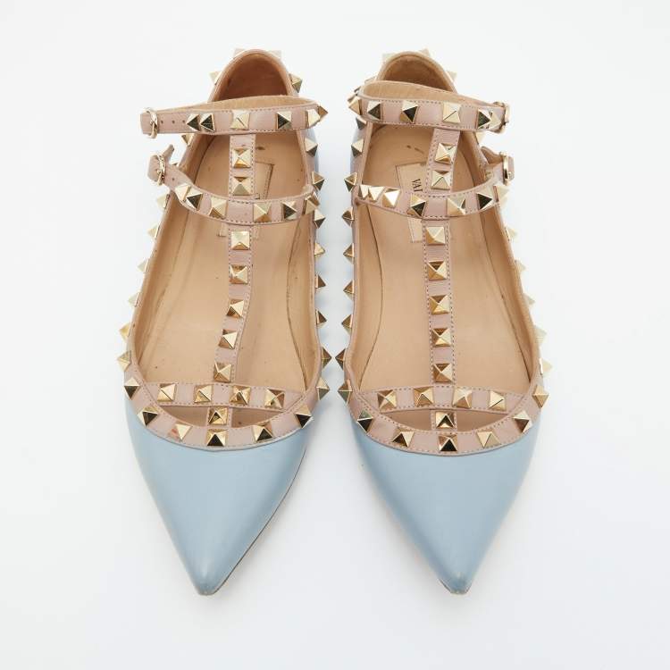 Pre Owned Valentino Blue/Beige Leather Rockstud Caged Ankle Strap Ballet Flats Size 37.5