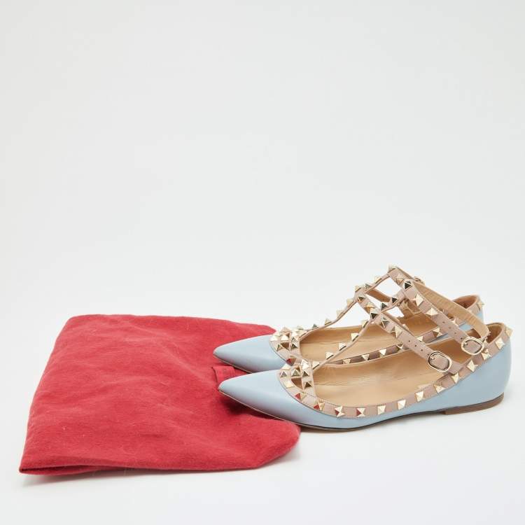 Pre Owned Valentino Blue/Beige Leather Rockstud Caged Ankle Strap Ballet Flats Size 37.5
