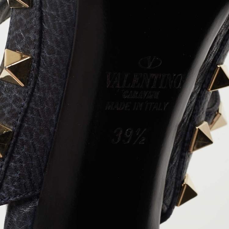Pre Owned Valentino Navy Blue Leather Rockstud Ankle Strap Pumps Size 39.5