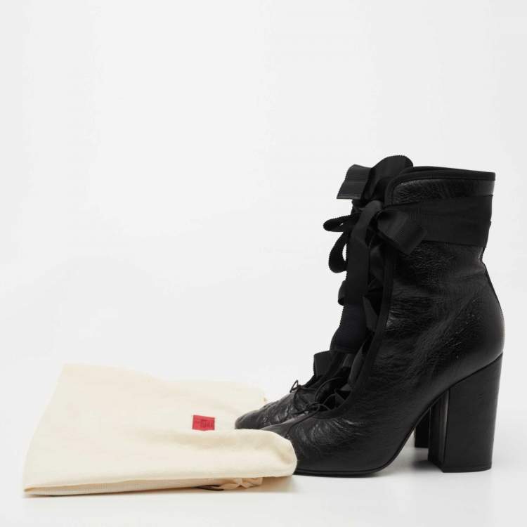Pre Owned Valentino Black Texture Leather Lace Up Ankle Boots Size 37