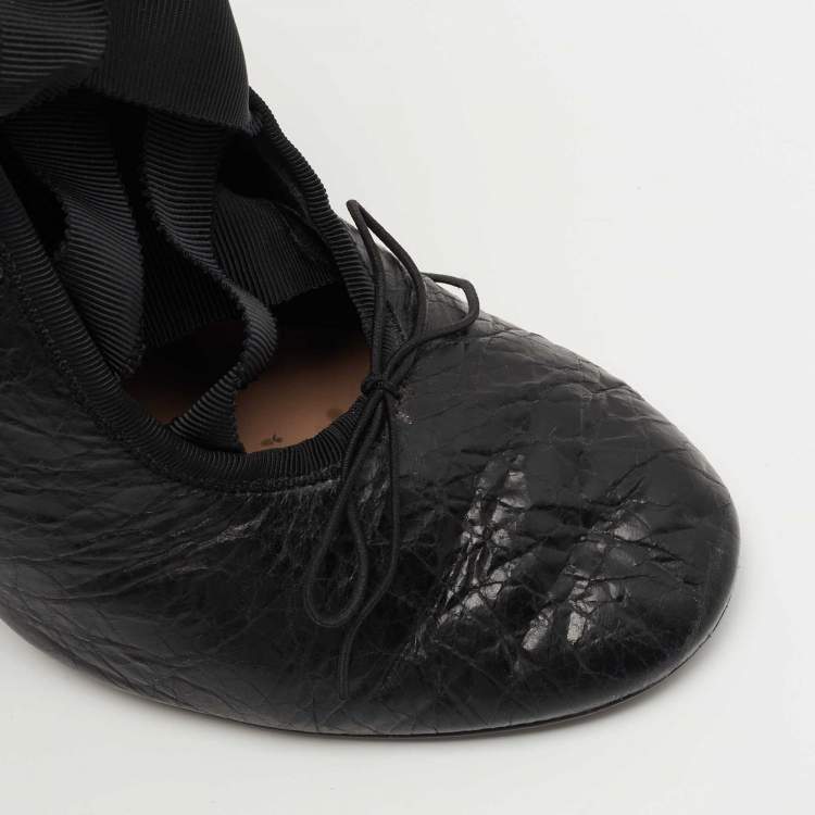 Pre Owned Valentino Black Texture Leather Lace Up Ankle Boots Size 37