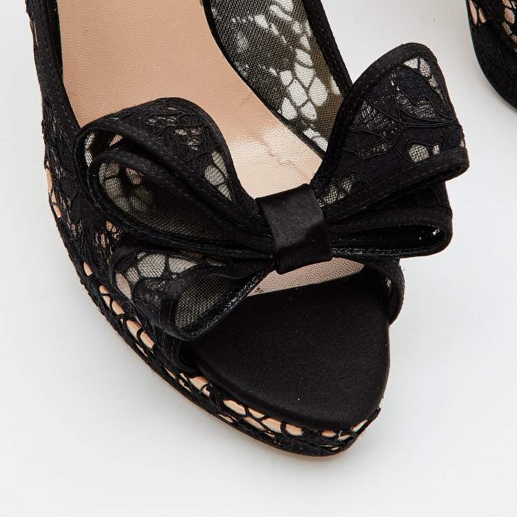 Pre Owned Valentino Black Lace Couture Bow Open Toe Platform Pumps Size 37