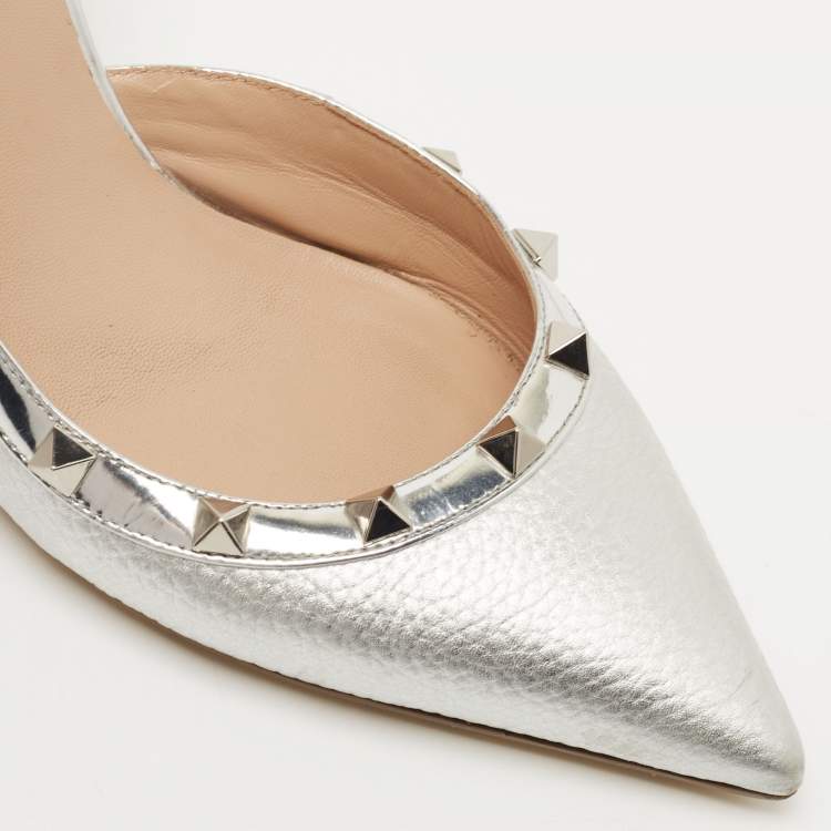 مملوكة مسبقًا Valentino Silver Leather Rockstud D'orsay Slingback Pumps Size 38