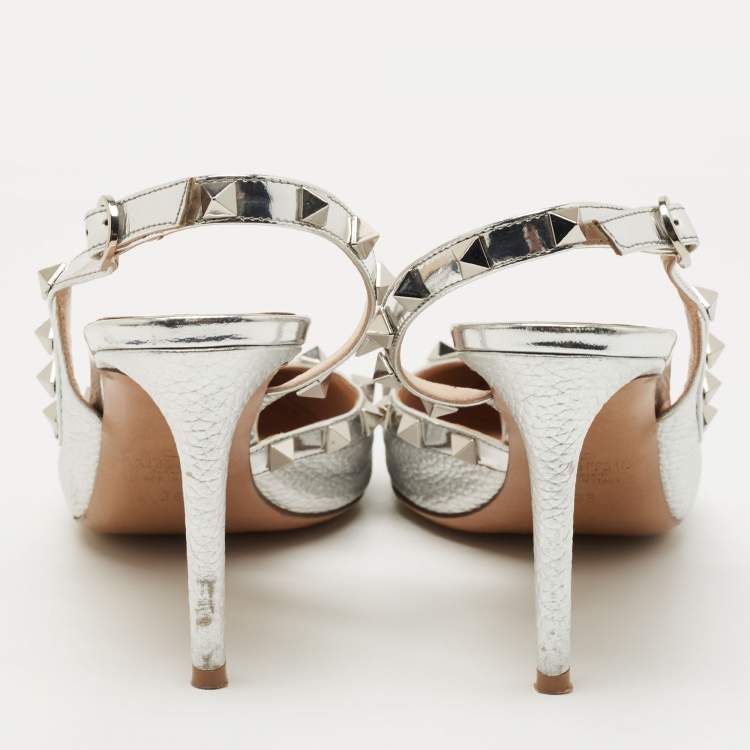 مملوكة مسبقًا Valentino Silver Leather Rockstud D'orsay Slingback Pumps Size 38