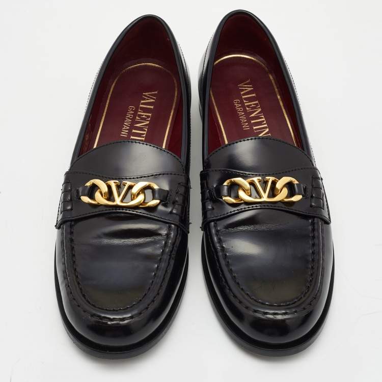 Pre Owned Valentino Black Leather V Logo Chain Loafers Size 41