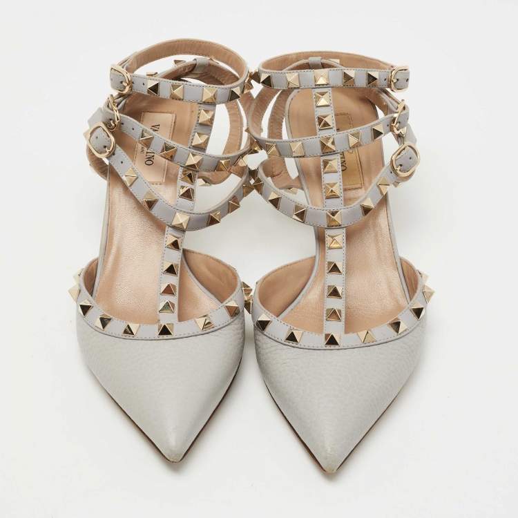 Pre Owned Valentino Grey Leather Rockstud Ankle Strap Pumps Size 38.5