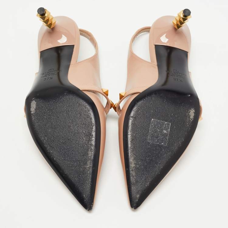 Pre Owned Valentino Beige Leather Rockstud Slingback Pumps Size 37.5 