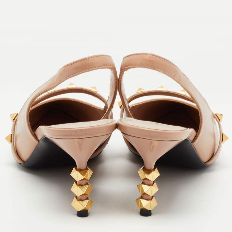 Pre Owned Valentino Beige Leather Rockstud Slingback Pumps Size 37.5 