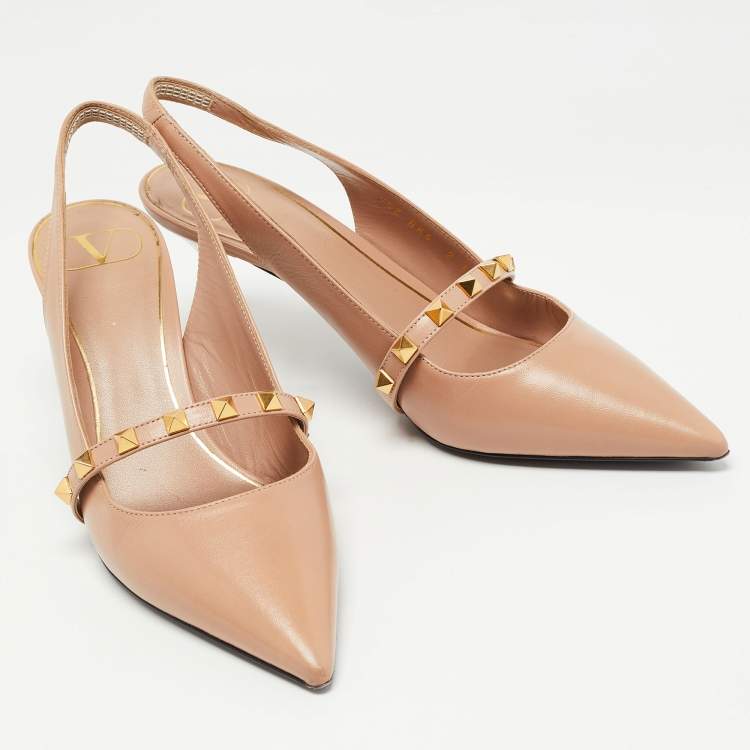 Pre Owned Valentino Beige Leather Rockstud Slingback Pumps Size 37.5 