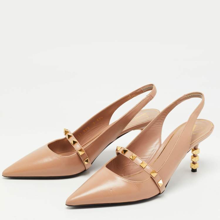 Pre Owned Valentino Beige Leather Rockstud Slingback Pumps Size 37.5 
