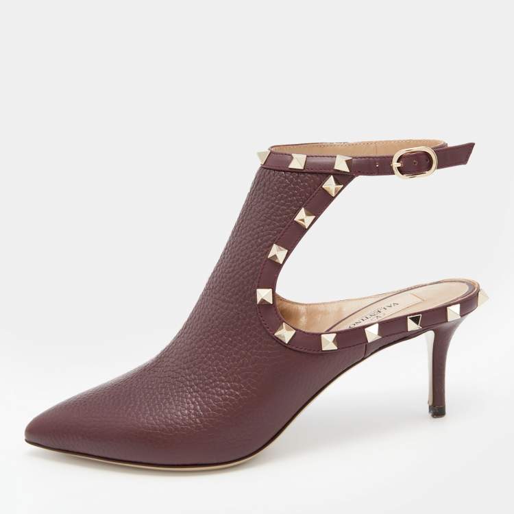 Pre Owned Valentino Burgundy Leather Rockstud Cutout Pointed Toe Ankle Boots Size 36.5