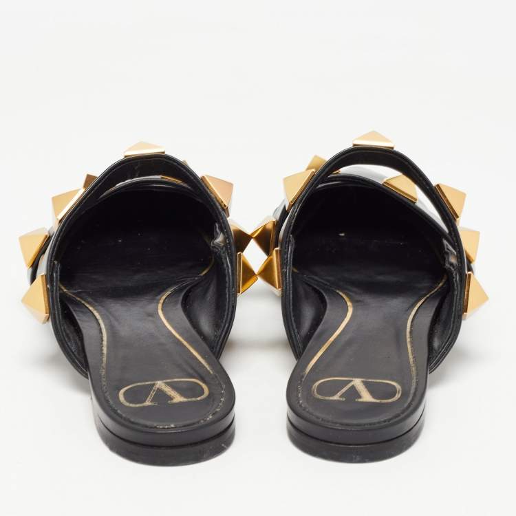 Pre Owned Valentino Black Leather Roman Stud Mules Size 40