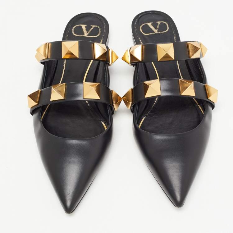 Pre Owned Valentino Black Leather Roman Stud Mules Size 40