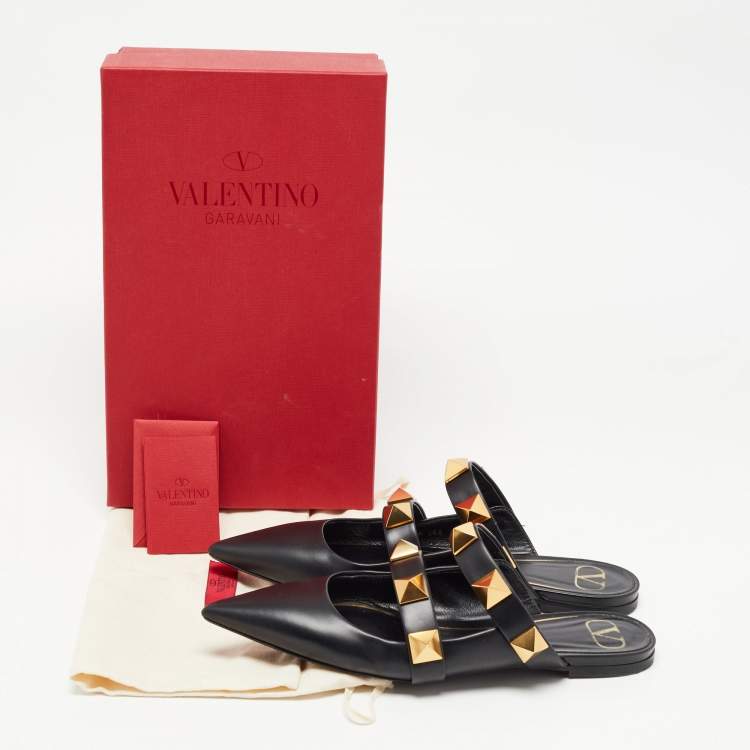 Pre Owned Valentino Black Leather Roman Stud Mules Size 40